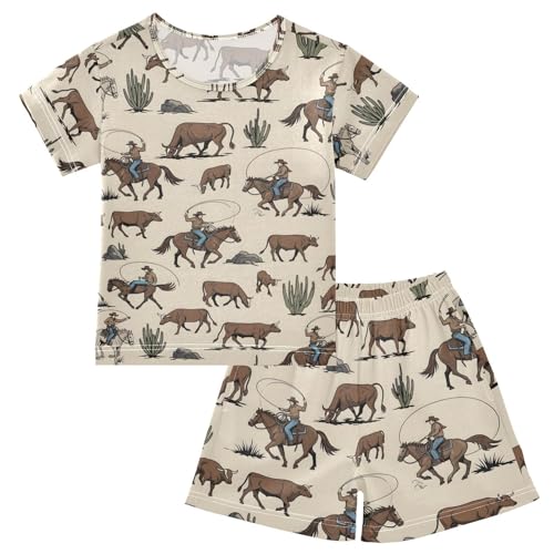 Pajama Short Sets Cowboy Riding Horse Vintage Soft Cotton Summer Sleepwear 2 Piece PJS Size 5-14T