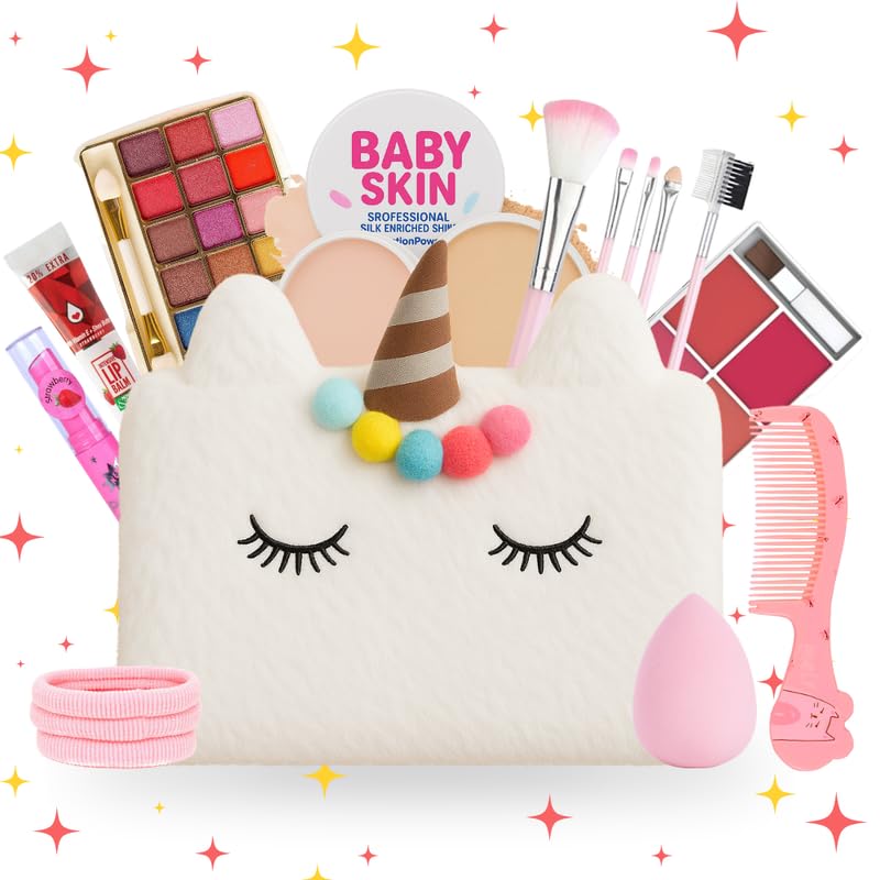 Linivya Kids Real Makeup Kit for Girls & Teens with Unicorn Bag | 18-Piece Set – Non-Toxic, Washable & Safe for Ages 6–17