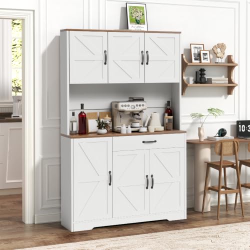 GRUSIGN 71" Pantry Cabinet with Charging Station, Large Capacity Kitchen Hutch Storage Cabinet, Kitchen Cabinet with Microwave Stand, Storage Drawers & Adjustable Shelves for Dining Room, White - Image 3