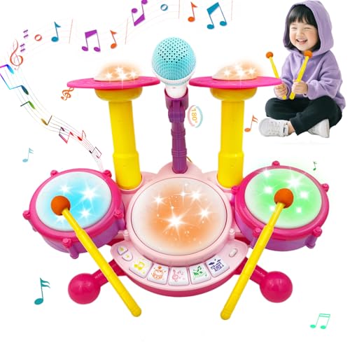 VCYCTO 楽器おもちゃ ドラムセット 子ども キッズドラムセット 22種音楽モード搭載 幼児 知育玩具 音楽おもちゃ マイク付き音量調節可能 ライト効果 ドラムスティック2本 人気 女の子 男の子 1 2 3 4 5 6歳 誕生日プレゼント クリスマス