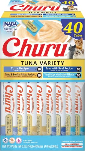 Image of INABA Churu Cat Treats, Lickable, Squeezable Creamy Puree Cat Treat with Green Tea Extract & Taurine, 0.5 Ounces Each Tube, 40 Tubes, Tuna Variety Box (Pack of 12)