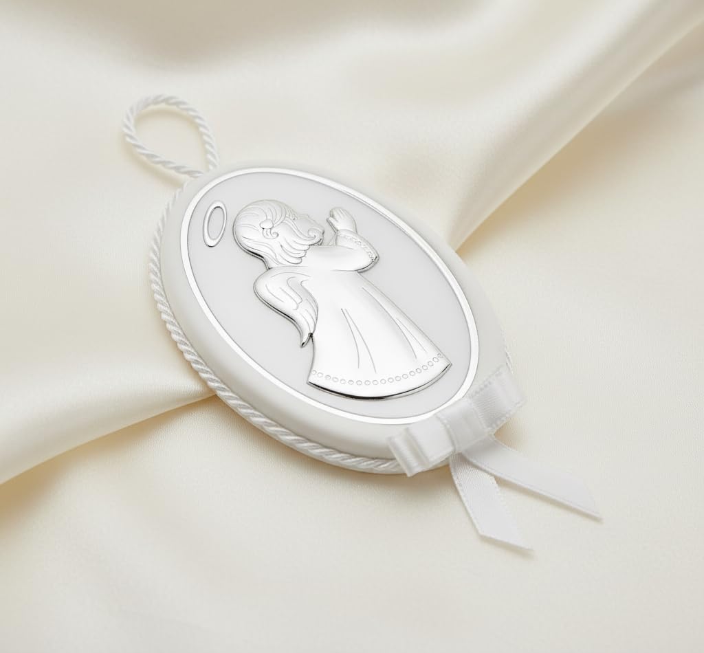 Medaglione Musicale Capoculla Ovale con Angelo Che Prega in Argento, Personalizzabile con Incisione del Nome, Idea Regalo per Nascita o Battesimo con Carillon Integrato Bianco