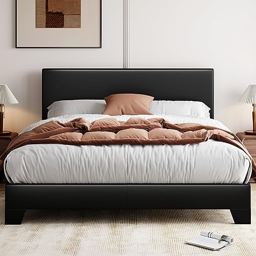 Allewie Queen Bed Frame with Adjustable Headboard, Faux Leather Platform Bed with Wood Slats, Heavy Duty Mattress Foundation, No Box Spring Needed, Noise-Free, Easy Assembly, Black