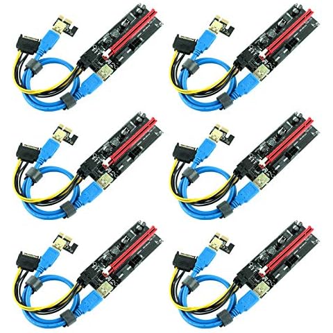 Ubit PCIE Riser 1x to 16x Graphic Extension for Bitcoin GPU Mining Powered Riser Adapter Card,4 Solid Capacitors,60cm USB 3.0 Cable,2X 6PIN,Molex 3 Power Options (VER 009S,6-Pack) Cover