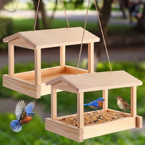 Ferrochef 2 Pcs Wooden Bird Feeder for Outdoor Hanging Platform Bird House Rustic Garden Yard Decorations for Wild Birds Cardinals Finches Bluebirds Include Sloped Roof and Sturdy Rope
