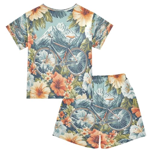 Pajama Sets Short Sleeve Bicycle Floral Mountain Soft Cotton Summer Sleepwear 2 Piece PJS Size 5-14T2