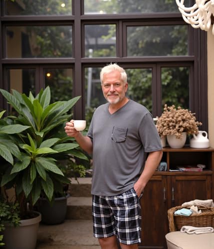 Sykooria Mens Cotton Pajamas Set 2 Piece Soft Sleepwear Short Sleeve Top & Plaid Shorts With Pockets4