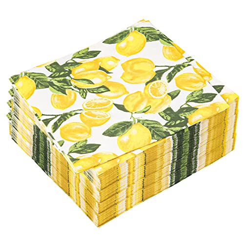 Peony Man LEMON PAPER NAPKIN 02 100 Count Lemon Paper Napkin 13 X 13 Inch Disposable Decorative Napkins 3-Ply Luncheon Paper Napkins Lemon Printed Square Beverage Dinner Napkins cover