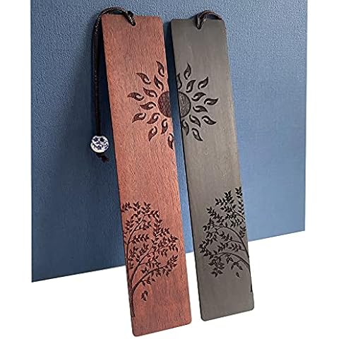 2 Pcs Wood Bookmark with Sun and Tree Design Cover