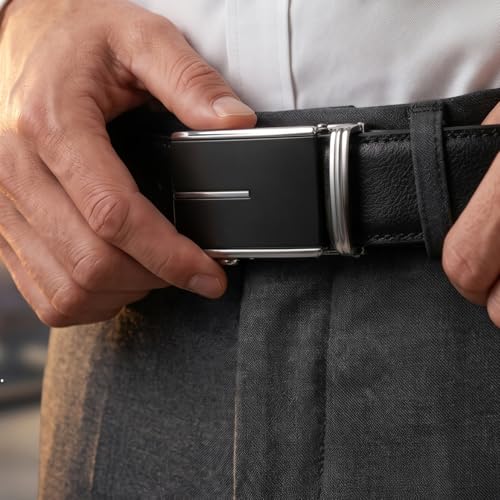 Image of JINIU Men's Ratchet Belt Buckle, Black Genuine Leather Slide Belt for Men Dress Suit, Micro Adjustable Trim to Fit Boxed