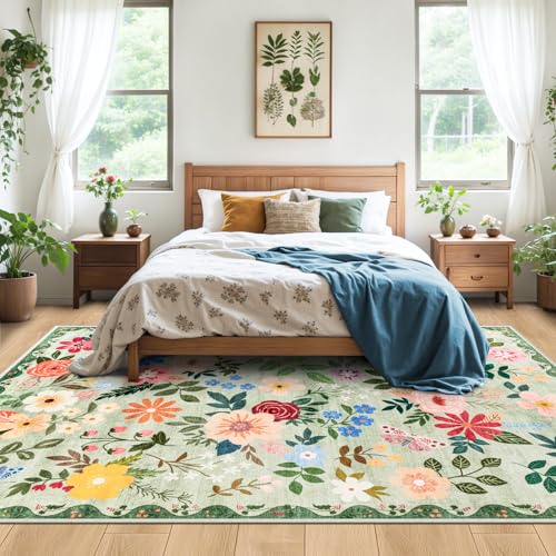 8x10 Area Rugs for Living Room: Floral Washable Rug Vintage Large Soft Boho Non-Slip Carpet Indoor Stain Resistant Low Pile Carpets for Bedroom Dining Room Farmhouse Nursery Hallway Home Office Green