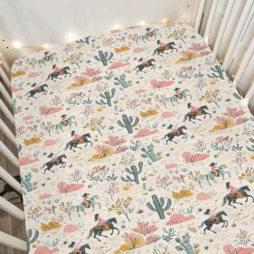 Image of Western Cowgirl Cactus Baby Crib Sheets for Boy Girl 28"x52" Retro Cowgirl Horse Trees Leaves Soft Stretchy Fitted Crib Mattress Cover Wild West Baby Sheet for Standard Crib and Toddler Mattress
