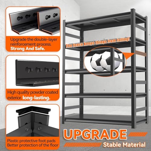 Image of Garage Shelving Unit, Heavy Duty Metal 5-Tier Adjustable Storage, Steel Shelves, Industrial Shelves for Heavy Tools and Equipment, Ideal for Garage Basement, Black