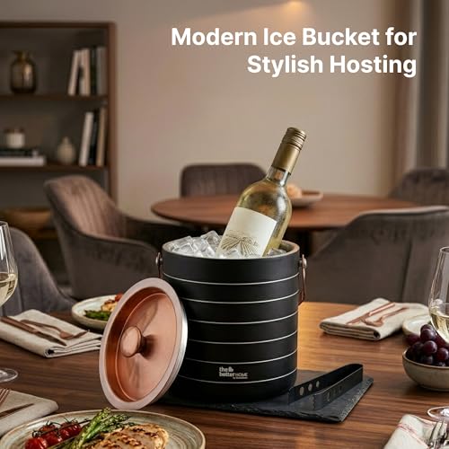 Image of The Better Home Stainless Steel Ice Bucket with Lid & Tong 1500ml | Double Wall Insulated Ice Bucket for Bar, Parties & Cocktails - Matte Black & Rose Gold