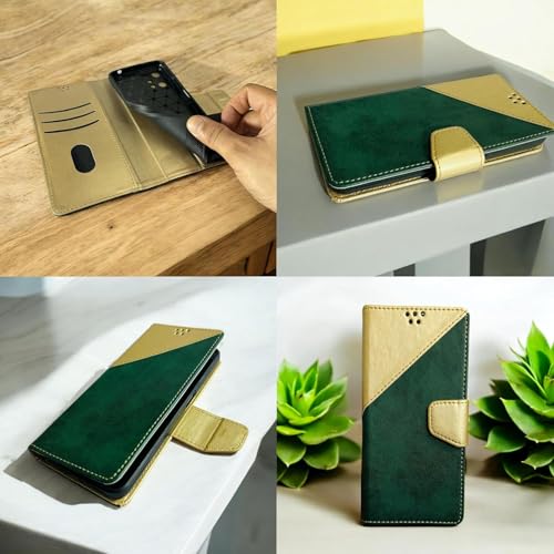 Image of Cover for Vivo T5x 5G / Y51 Pro 5G / iQOO Z11x 5G, Wallet Style, Leather Finish, Magnetic Closure, Inbuilt Stand, Card Pocket (Golden&Green)