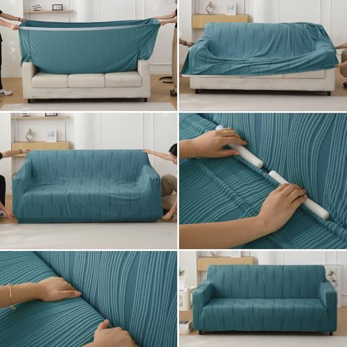 Image of HOKIPO Knitting Jacquard Fully Covered Stretchable Sofa Cover 3 Seater and 2 Seater, Sea Blue (AR-5308-BL + AR-5309-BL)