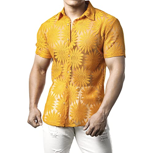 JOGAL Mens Floral Lace Shirt See Through Casual Button Down Shirts3