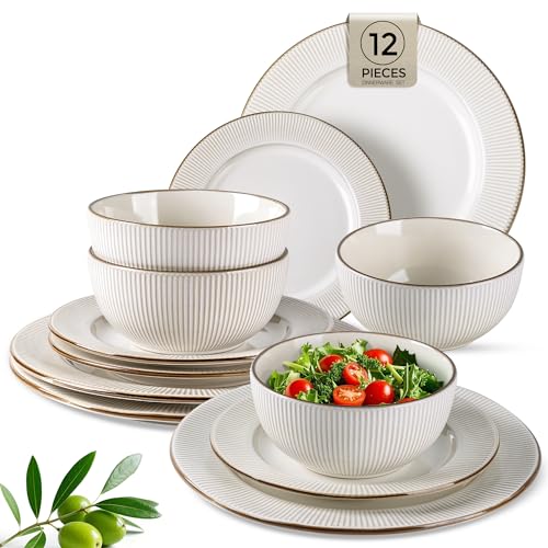 Image of GBHOME Ceramic Dinnerware Sets,12 pcs Embossed Elegant Stoneware Plates and Bowls Sets, Housewarming Wedding Gift | Dishwasher & Microwave Safe | Dishes Set Service for 4