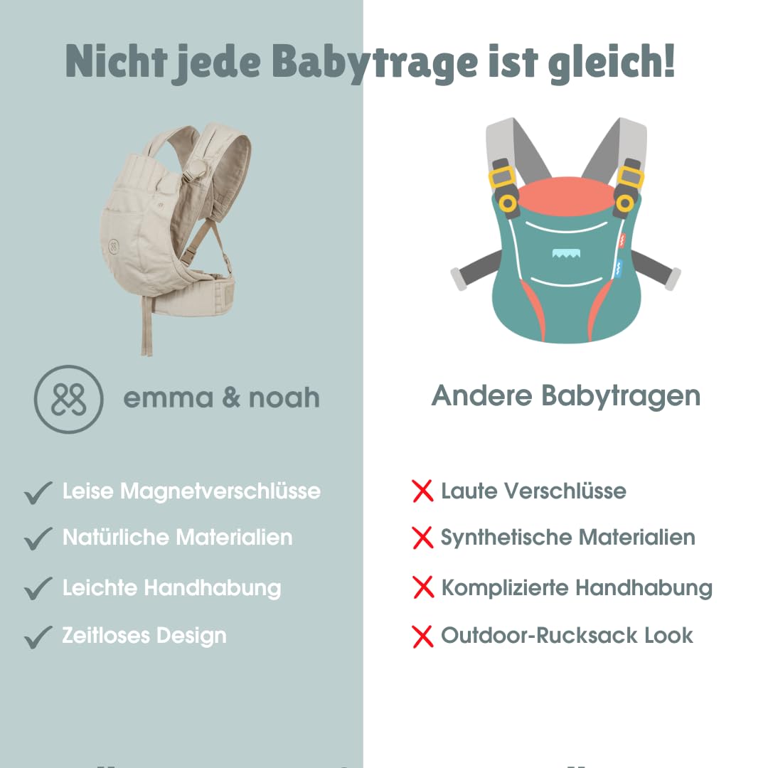 emma & noah Premium Babytrage – mitwachsend 3,5–15kg, ergonomisch, leise Magnetverschlüsse, gepolsterte Gurte & Hüftgurt, Leinen & Bio-Baumwolle (Essential Beige)