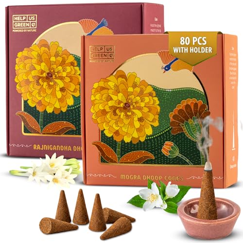 Image of Rajnigandha and Mogra Organic Dhoop Cones Pack of 2 (80 Cones) with Free Ceramic Holder | Natural Charcoal Free Incense Cones for Pooja, Meditation, Yoga | Long Lasting and Low Smoke