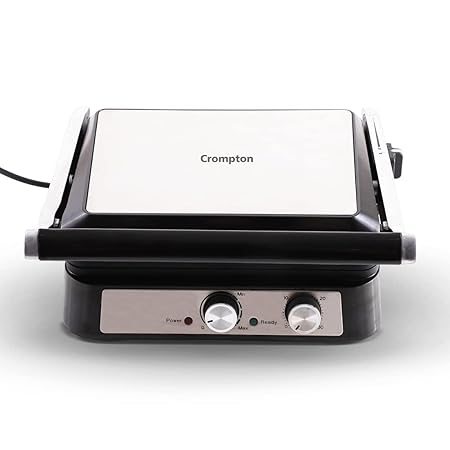 Crompton MaxCrisp 4 Slice Sandwich Maker 2000W with Timer and 180 Degrees Barbecue Grill, Silver Grey & B