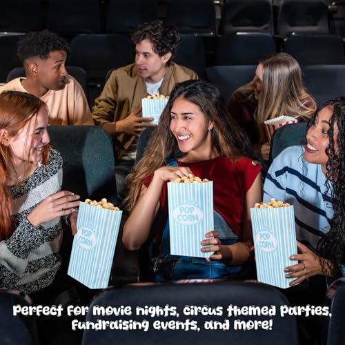 Image of Potchen 300 Pcs Paper Popcorn Bags Bulk 2 oz Large Individual Serving Popcorn Bag Flat Bottom Disposable Container Vintage for Movie Night Themed Summer Back to School Party Carnival (Light Blue)