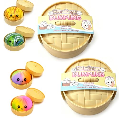 Met-edianger 2pcs Mystery Dumpling Toy with Steamer Box Squeeze Dough Stress Ball Realistic Steamed Bun Fidget Sensory Toy for Desk Anxiety Relief Accessory Gift (Glazed or Rainbow Random)