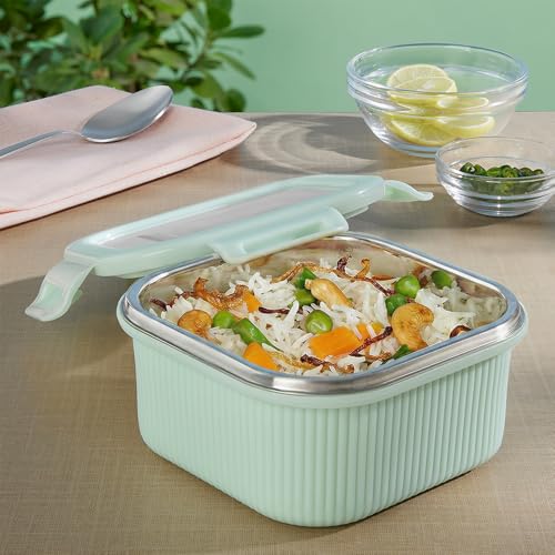 Image of Larah by BOROSIL Freshbyte Food Storage Container with Airtight Stainless Steel Lid | Fridge Container for Lunchbox | Food Grade | Microwave Safe