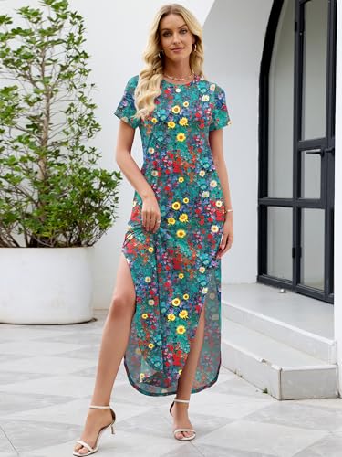 Image of Heymoments Womens Summer Maxi Dress Short Sleeve Casual Loose Long T Shirt Split Vacation Beach Sundress with Pockets