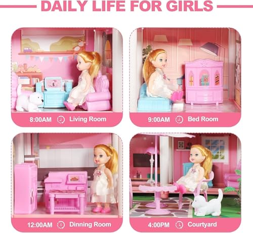 Image of 3 Storey Doll House for Girls, Large Princess Villa Playset with Furniture, Dolls, DIY Assembly Pretend Play Toy(9ROOM)