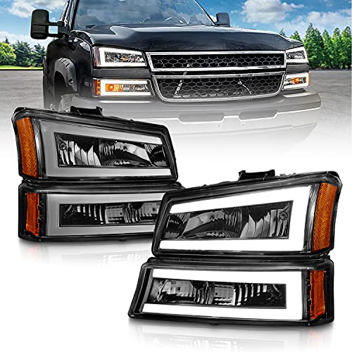 AmeriLite for 2003-2006 Chevy Silverado 1500 2500 3500 | Avalanche Pickup LED Halo Bars Tube Black Headlights w/Bumper Turn Signal lamp Set - Driver and Passenger Side