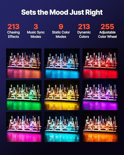 Image of VEVOR LED Lighted Liquor Bottle Display, 3 Tiers 40 inches, Acrylic Illuminated Home Bar Shelf Display with RF Remote & App Control, DIY Setup with Type-C Cables, 9 Static Colors, for 30-39 Bottles