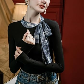 Women Patchwork Scarf Tie Neck Bottoming Shirt Long Sleeve Women Patchwork Scarf Tie Neck Bottoming Shirt Long Sleeve