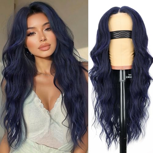 Image of AISI HAIR Dark blue Wigs for Women, Long Wavy Lace Hairline Middle Part Synthetic Heat Resistant Wig for Daily Party-26 Inch