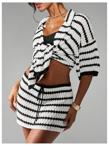 Verdusa Women's Striped Crochet Knit Skirt Summer Drawstring Waist Bodycon Mini Skirts4