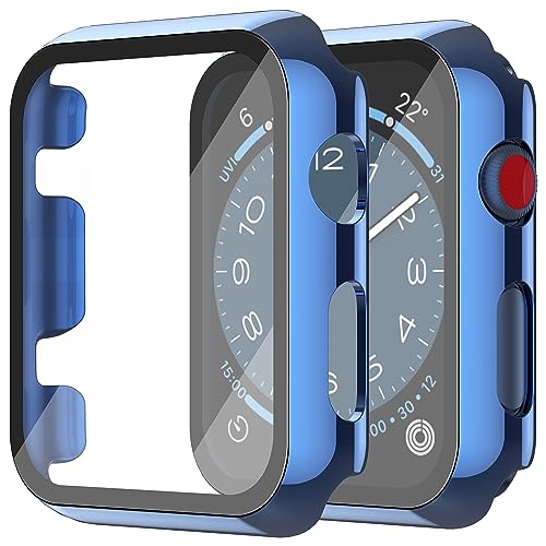Image of Misxi Case with Screen Protector for 38mm Apple Watch Series 3 /2 | 2-Pack Cover with Tempered Glass for 3 /2, Scratch Resistant Sensitive Touch, 1 Blue + 1 Transparent