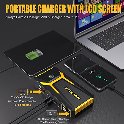 Vtoman V8 Jump Starter, 2000A Peak Car Battery Jump Starters For Up To 8L Gas And 6L Diesel Engines, Portable 12V Auto Lithium Battery Booster Pack, Jump Box With Jumper Cables Lcd Display (Yellow) #TOP2