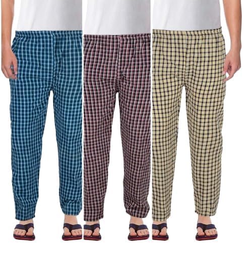 Mens Cotton Checkered Pyjama for Night Wear, Relaxation and Sleep (Pack of 3)(Blue,Red&Yellow)-image-32