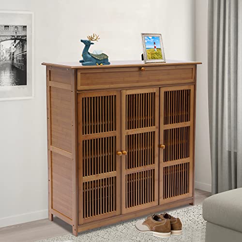 3 Tier Bamboo Shoe Rack 3-Door Free Standing Shoe Storage Cabinet Farmhouse Style Shoe Storage Cabinet Shelf Stand With Shutter Door For 25 Pairs Entryway Hallway Living Room Bedroom Office, Brown #TOP4
