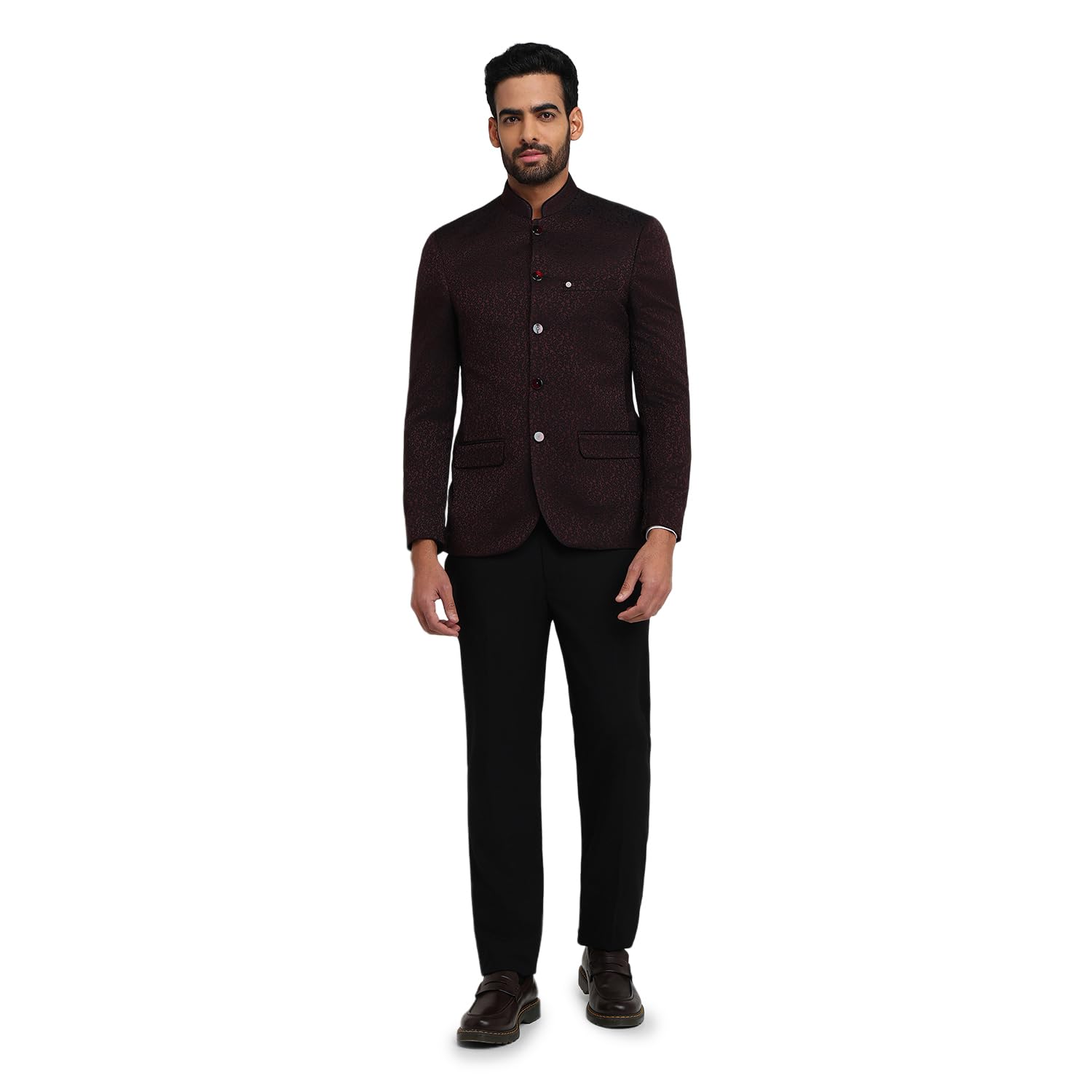 raymond Men Regular Fit Jacquard Pattern Pure Polyester Band Collar Full Sleeve Festive Suit-picture-13