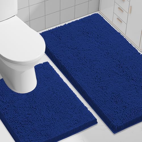 Image of Smiry Bathroom Rugs Set 2 Piece, Soft Absorbent Chenille Bath Mat and U-Shaped Toilet Rug Set, Non Slip Shaggy Bath Carpet for Tub, Shower and Floor (30x20+24x20, Royal Blue)