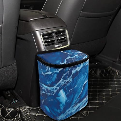 Image of Car Trash Bag with Lid - Collapsible, Waterproof Car Organizer and Storage Accessory for Women, Dark Blue Marble Print
