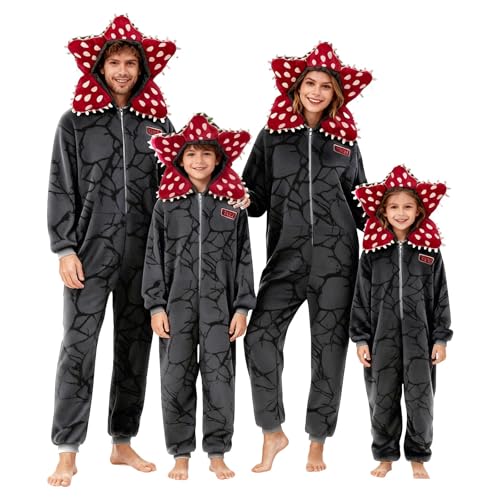 Générique Pyjama D-Demogorgons Combinaison Unisexe Famille Pyjama Hooded de Déguisement Fleurs D-Demogorgons Onesie avec Capuche Parfait pour Cosplay et d'autres Occasions (01-1-Black, 12-13 Years)