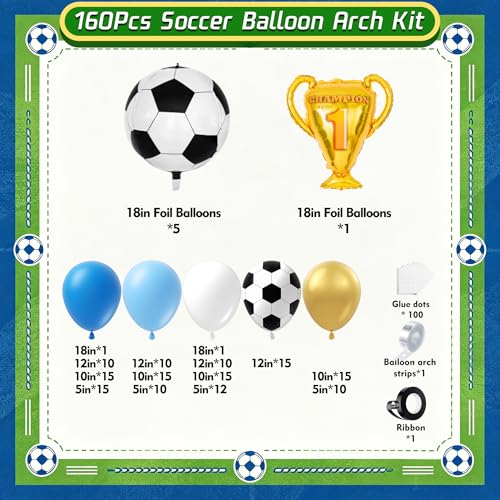 Image of Soccer Party Decorations 160Pcs, World Soccer Balloon Garland Arch Kit with 18'' Football Foil Balloons, Blue and White Football Print Balloons for Boys Sports Fan Birthday Soccer Party Decor
