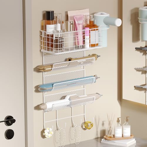 Wall-Mounted-Hair-Dryer-Holder-Styling-Tool-Organizer-4-Shelf-Storage-Wire-Basket-with-Hook-Heat-Safe-Rack-for-Hair-StraightenersCurling-WandsFlat-IronCabinet-Door-Bathroom-Kitchen-White Wall Mounted Hair Dryer Holder Styling Tool Organizer 4 Shelf Storage Wire Basket with Hook Heat Safe Rack for Hair StraightenersCurling WandsFlat IronCabinet Door Bathroom Kitchen White