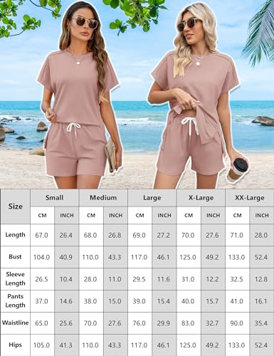 Image of LOMON Womens Fashion 2 Piece Outfits Sweatsuits 2026 Summer Short Sleeve Loungewear Tracksuit Round Neck Lounge Shorts Sets