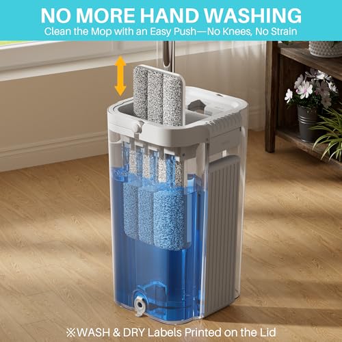Image of JOYMOOP Flat Mop System, 8L Mop and Bucket Set with Extension Handle, White, Large Capacity Floor Cleaning Mop for Household & Commercial Use, Includes 5 Microfiber Pads for Wet & Dry Cleaning