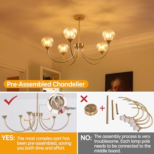 Image of Shenmoyl 30.31 inch Brass Gold 5-Light Chandelier, 5-Arm Amber Tulip Glass Pendant Light Fixture, Height Adjustable Vintage Branch Chandelier for Dining Room Living Room Kitchen Island Farmhouse