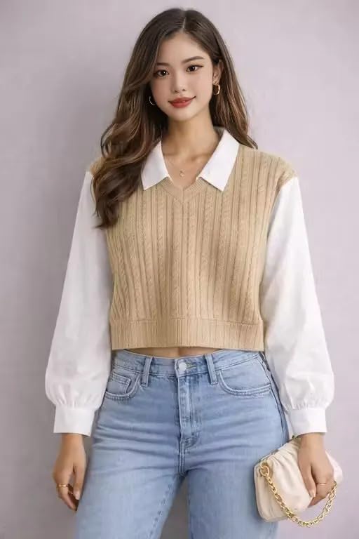 Image of Regular Fit Collared Knit Top for Women, Long Sleeve Casual T-Shirt, Black and White, Rib-Knit Material, Korean Trendy Style