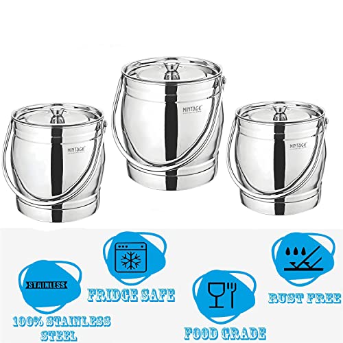Image of Mintage Milk Barni 2.5+5+8 litres Set of 3 | Oil Can | Heavy Body | Pot Ghee Container | Stainless Steel with Lid | Storage Dolchi